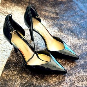 Jessica Simpson black pattern heels with ankle strap